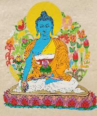 Medicine Buddha, Buddhist Scroll, Made In Lokta Paper, [screen Printed], And Hand-painted