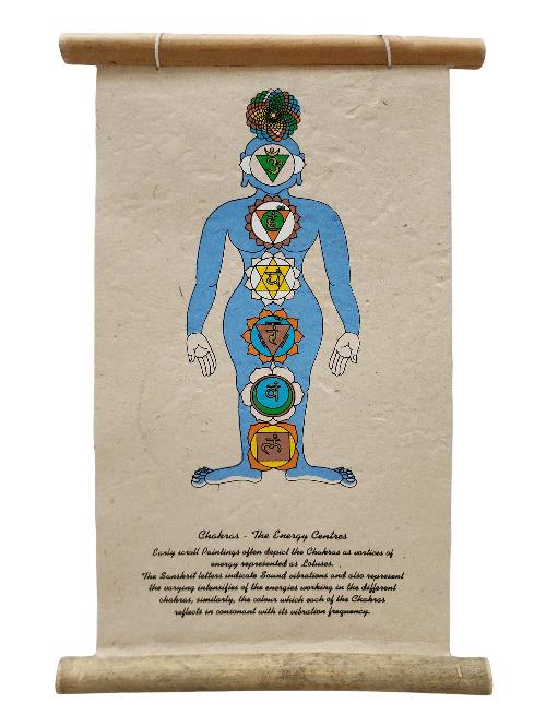 Chakras, The Energy Centres, Buddhist Scroll, Made In Lokta Paper, [screen Printed], And Hand-painted