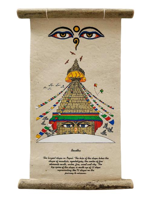 Boudhanath Stupa, Buddhist Scroll, Made In Lokta Paper, [screen Printed], And Hand-painted