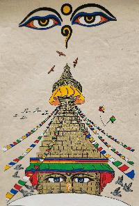 Boudhanath Stupa, Buddhist Scroll, Made In Lokta Paper, [screen Printed], And Hand-painted