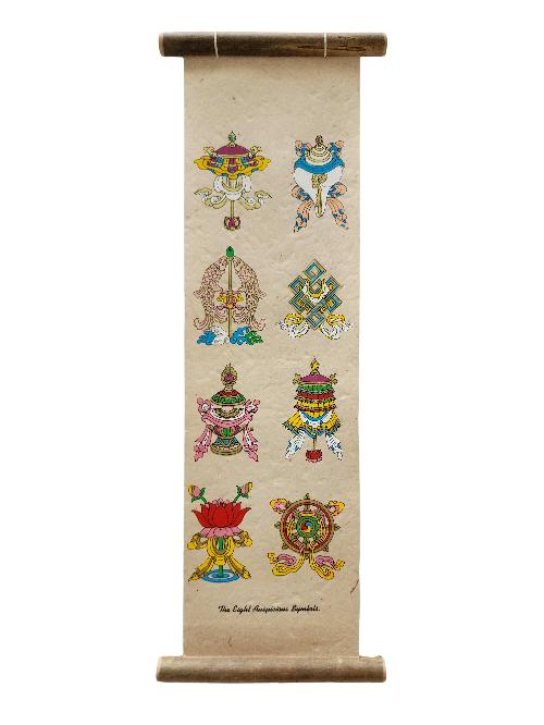 Eight Auspicious Symbols, Buddhist Scroll, Made In Lokta Paper, [screen Printed], And Hand-painted