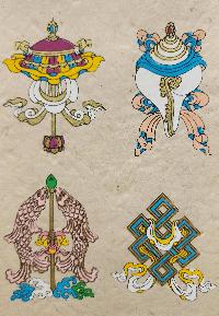 Eight Auspicious Symbols, Buddhist Scroll, Made In Lokta Paper, [screen Printed], And Hand-painted