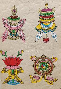 Eight Auspicious Symbols, Buddhist Scroll, Made In Lokta Paper, [screen Printed], And Hand-painted