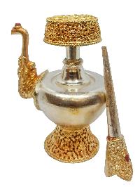 Buddhist Handmade Bhumpa- Bhumba Copper Offering Bowl Set, Silver And Gold Plated