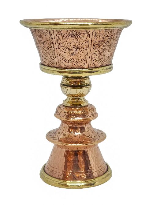 Copper Butter Lamp, Buddhist Ritual Items, With Ashtamangala Carving