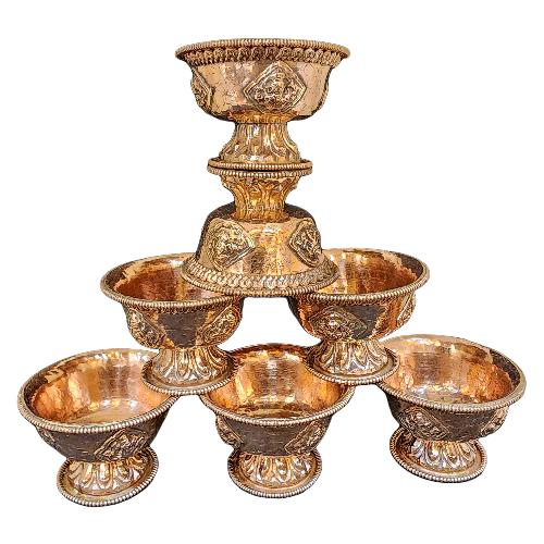 Copper Offering Bowl With Stand And Hand Carving 7 Pcs Set