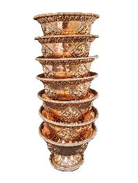 Copper Offering Bowl With Stand And Hand Carving 7 Pcs Set