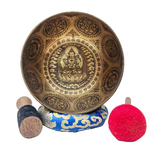 Jambati Singing Bowl Singing Bowl, Buddhist Hand Beaten, Chenrezig Carved, [select Accessories]