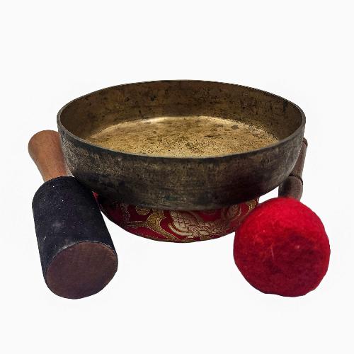 Manipuri Singing Bowl With Flower Of Life Inside The Bowl, Buddhist Hand Beaten, Antique Finishing