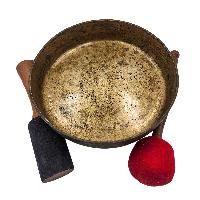 Manipuri Singing Bowl With Flower Of Life Inside The Bowl, Buddhist Hand Beaten, Antique Finishing