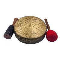 Manipuri Singing Bowl With Flower Of Life Inside The Bowl, Buddhist Hand Beaten, Antique Finishing