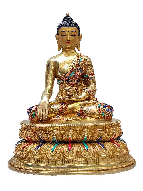 [shakyamuni Buddha], Buddhist Handmade Statue With Double Base, [gold Plated], [face Painted] And [stone Setting]