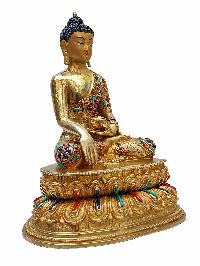 [shakyamuni Buddha], Buddhist Handmade Statue With Double Base, [gold Plated], [face Painted] And [stone Setting]