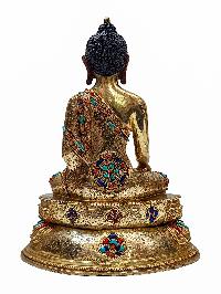 [shakyamuni Buddha], Buddhist Handmade Statue With Double Base, [gold Plated], [face Painted] And [stone Setting]