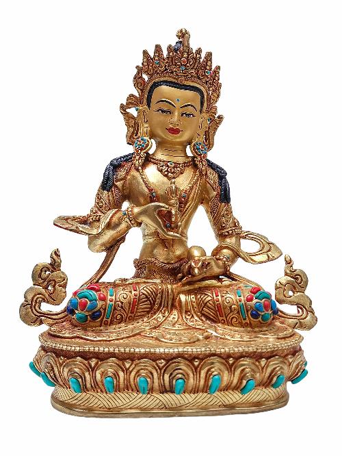 [vajrasattva], Buddhist Handmade Statue, [gold Plated], [face Painted] And [stone Setting]
