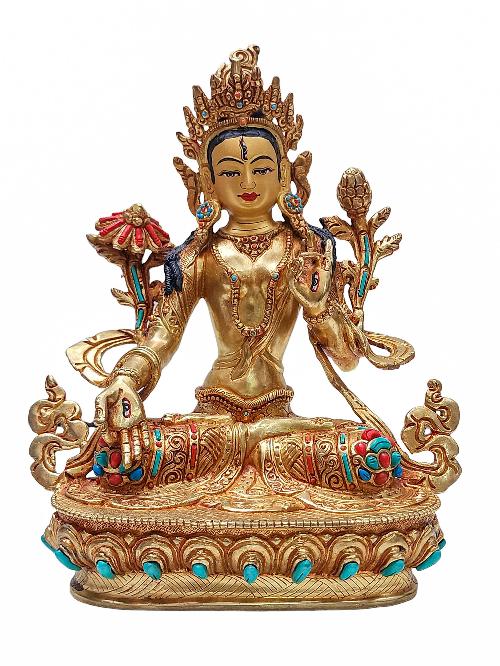 [white Tara], Buddhist Handmade Statue, [gold Plated], [face Painted] And [stone Setting]