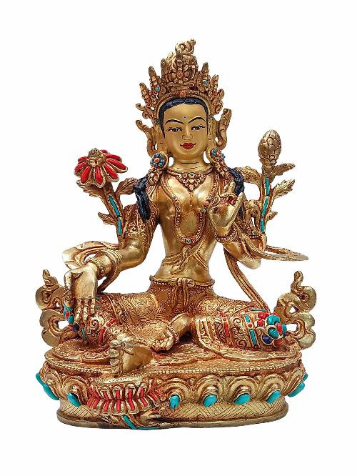 [green Tara], Buddhist Handmade Statue, [gold Plated], [face Painted] And [stone Setting]