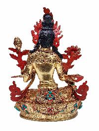 [green Tara], Buddhist Handmade Statue, [gold Plated], [face Painted] And [stone Setting]