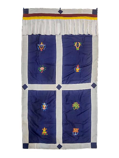 [cotton] Tibetan Door Curtain, With [ashtamangala], [white On Blue]