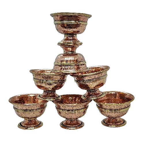 Copper Offering Bowl With Stand And Hand Carving 7 Pcs Set