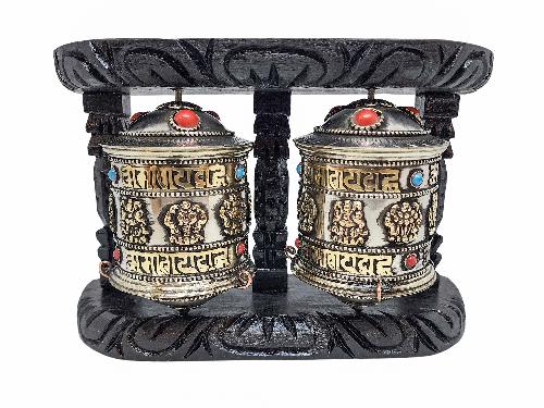Buddhist Handmade Wall Prayer Wheel With Mantra Inside, [stone Setting], [ashtamangala], Wall Mountable