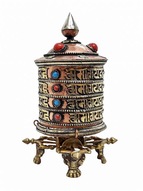 Table Top Prayer Wheel, Buddhist Handmade Prayer Wheel With Double Dorje Stand, [stone Setting], [mantra Inside]