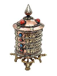 Table Top Prayer Wheel, Buddhist Handmade Prayer Wheel With Double Dorje Stand, [stone Setting], [mantra Inside]