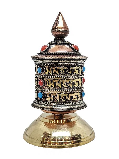 Table Top Prayer Wheel, Buddhist Handmade Payer Wheel With Mantra Inside, [stone Setting]