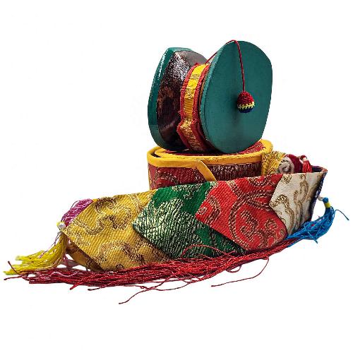 Tibetan Chod Damaru - Wooden And Leather, With Brocade Damaru Drum Cover And Damaru Brocade Tail