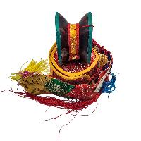 Tibetan Chod Damaru - Wooden And Leather, With Brocade Damaru Drum Cover And Damaru Brocade Tail