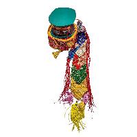 Tibetan Chod Damaru - Wooden And Leather, With Brocade Damaru Drum Cover And Damaru Brocade Tail