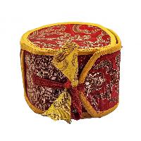 Tibetan Chod Damaru - Wooden And Leather, With Brocade Damaru Drum Cover And Damaru Brocade Tail