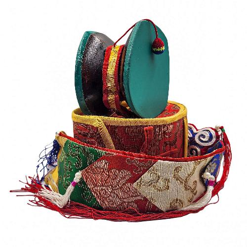 Tibetan Chod Damaru - Wooden And Leather, With Brocade Damaru Drum Cover And Damaru Brocade Tail