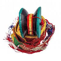 Tibetan Chod Damaru - Wooden And Leather, With Brocade Damaru Drum Cover And Damaru Brocade Tail