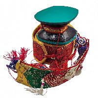 Tibetan Chod Damaru - Wooden And Leather, With Brocade Damaru Drum Cover And Damaru Brocade Tail