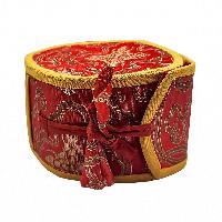 Tibetan Chod Damaru - Wooden And Leather, With Brocade Damaru Drum Cover And Damaru Brocade Tail