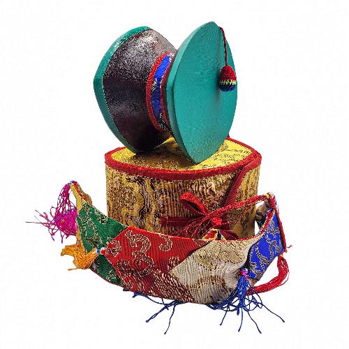 Tibetan Chod Damaru - Wooden And Leather, With Brocade Damaru Drum Cover And Damaru Brocade Tail