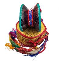 Tibetan Chod Damaru - Wooden And Leather, With Brocade Damaru Drum Cover And Damaru Brocade Tail