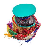 Tibetan Chod Damaru - Wooden And Leather, With Brocade Damaru Drum Cover And Damaru Brocade Tail