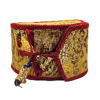 Tibetan Chod Damaru - Wooden And Leather, With Brocade Damaru Drum Cover And Damaru Brocade Tail