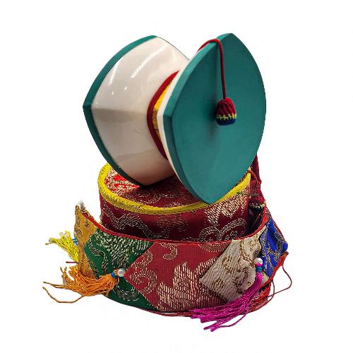 Tibetan Chod Damaru - Wooden And Leather, With Brocade Damaru Drum Cover And Damaru Brocade Tail