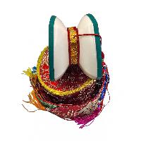 Tibetan Chod Damaru - Wooden And Leather, With Brocade Damaru Drum Cover And Damaru Brocade Tail
