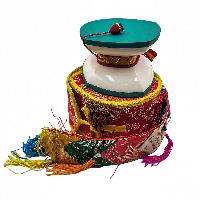 Tibetan Chod Damaru - Wooden And Leather, With Brocade Damaru Drum Cover And Damaru Brocade Tail