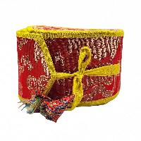 Tibetan Chod Damaru - Wooden And Leather, With Brocade Damaru Drum Cover And Damaru Brocade Tail