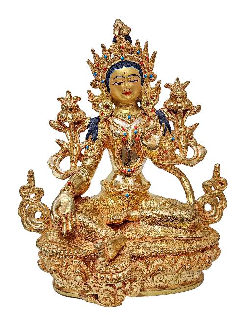 [green Tara], Buddhist Handmade Statue, [gold Plated] And [face Painted]