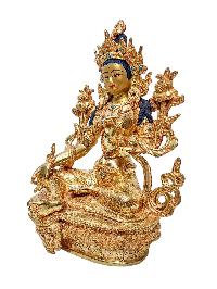 [green Tara], Buddhist Handmade Statue, [gold Plated] And [face Painted]