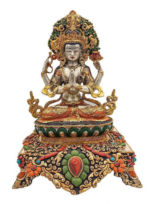 [chenrezig], Buddhist Handmade Statue With Stand, [partly Gold Plated], [traditional Color Finishing] And Stone Setting