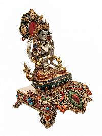 [chenrezig], Buddhist Handmade Statue With Stand, [partly Gold Plated], [traditional Color Finishing] And Stone Setting