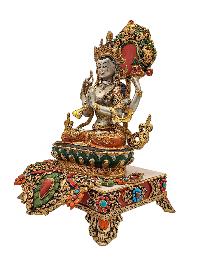 [chenrezig], Buddhist Handmade Statue With Stand, [partly Gold Plated], [traditional Color Finishing] And Stone Setting