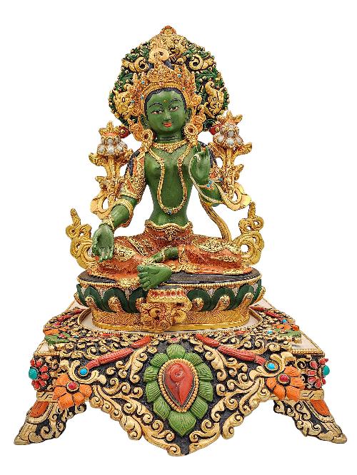 [green Tara], Buddhist Handmade Statue With Stand, [partly Gold Plated], [traditional Color Finishing] And Stone Setting